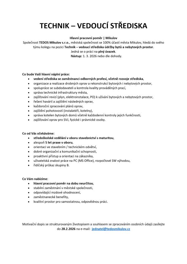 Technik vedoucí střediska 300